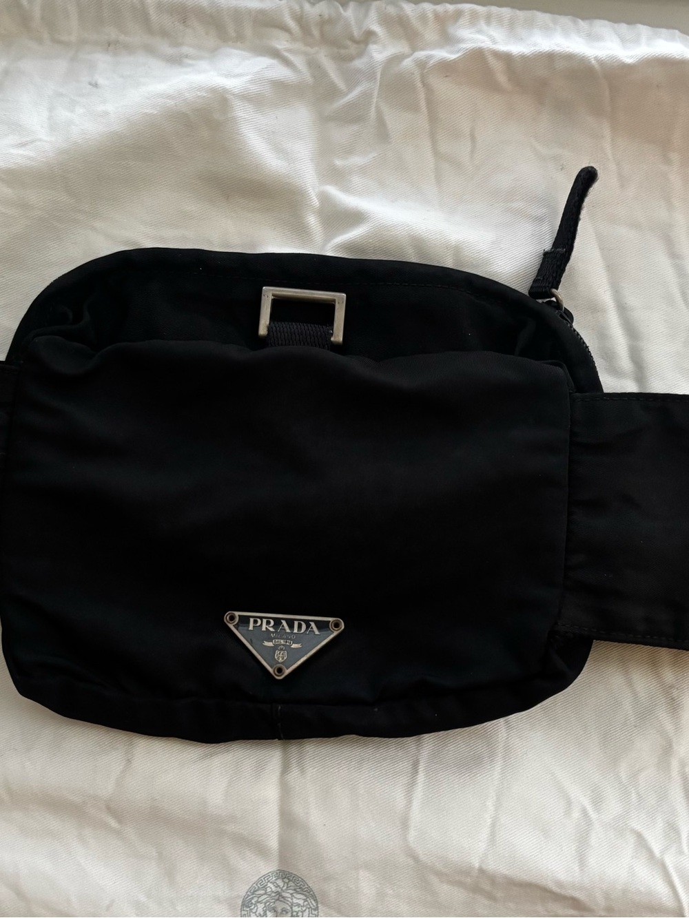Prada Black Nylon Belt Bag with Silver Logo Hardware